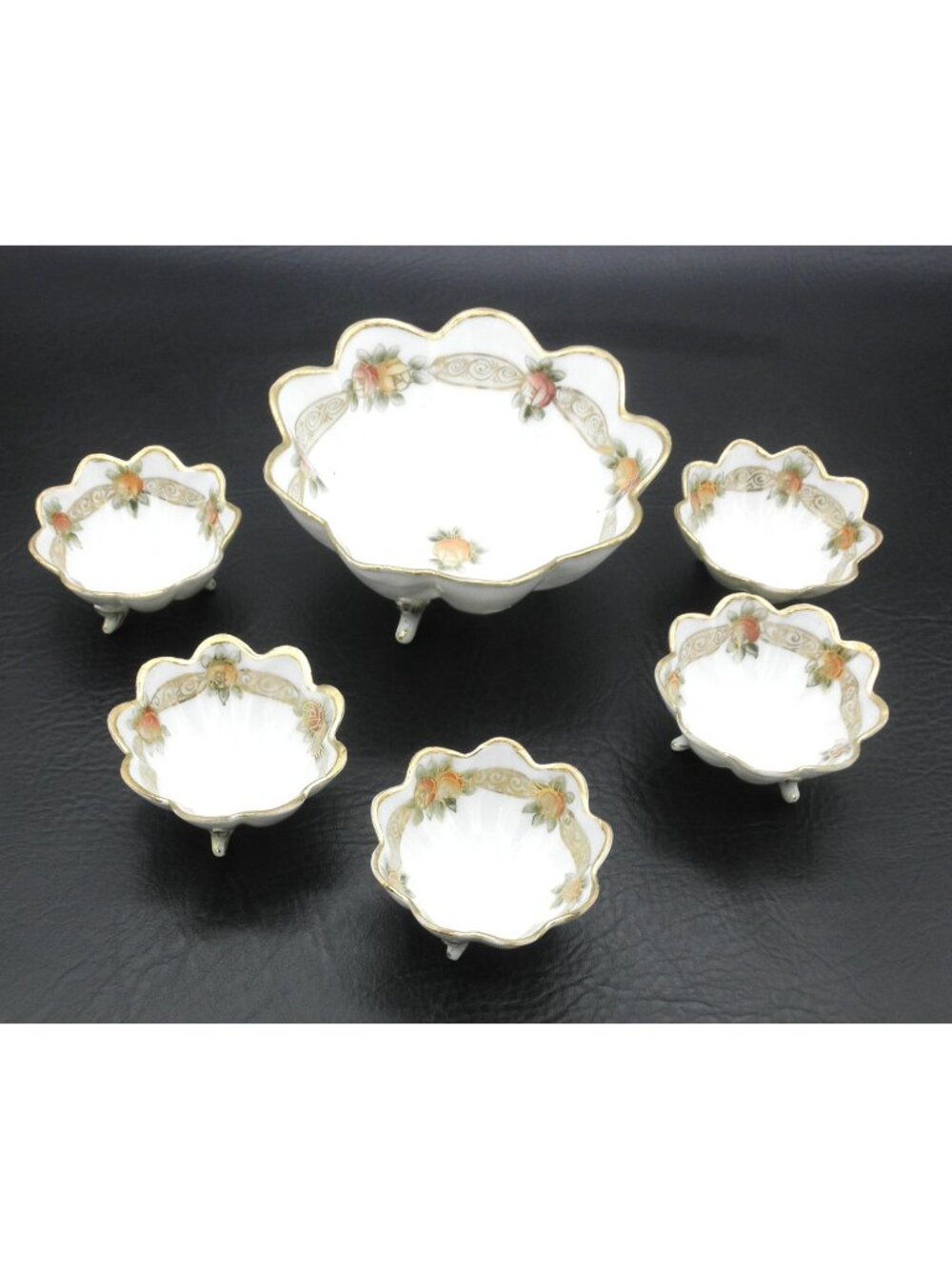 Antique NIPPON Footed Nut Bowl Set of 6 Hand Painted Peach Flowers Gold Accents